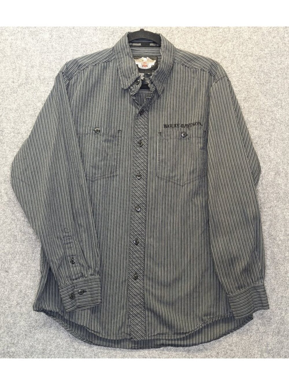 Harley-Davidson Men’s Medium Shirt Long Sleeve Button Up Gray Striped Biker Logo